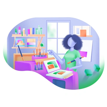 A modern pastel illustration depicting an artist standing in an art supply store. The artist, a young woman with curly hair, is examining a selection of paint brushes displayed on a wooden shelf. She holds a colorful paint brush in her right hand, while her left hand points at an array of brushes of various sizes and shapes. The background features shelves filled with art supplies, including tubes of paint, canvases, and sketchbooks. A bright window allows natural light to fill the space, illuminating the vibrant colors of the products. The scene conveys a sense of creativity and inspiration.