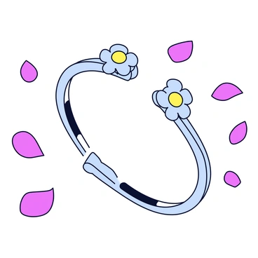 A bracelet featuring delicate cherry blossom motifs intricately designed on its surface. The bracelet is elegantly circular and made from a shiny silver material. Surrounding the bracelet are scattered pink petals, creating a soft and gentle atmosphere. The petals vary in size and shade, enhancing the overall visual appeal of the scene.