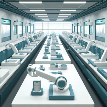 A high-tech robot factory, filled with bright, artificial lighting. In the center, multiple assembly lines stretch across the space, each lined with various robotic arms actively assembling different components. The robotic arms, sleek and metallic, move with precision as they pick up parts and fit them together. Conveyor belts transport items along the lines, displaying a variety of mechanical pieces being constructed. The factory has large glass windows that allow visibility into the operations, and digital screens mounted on the walls show real-time production data. The atmosphere is one of efficiency and advanced technology.