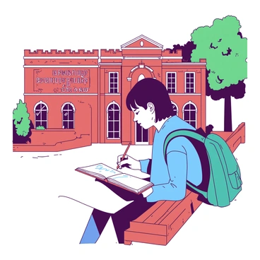 A student with short dark hair is sitting on a wooden bench outside the Cambridge School of Art, focused on sketching in a large open notebook. The student is wearing a blue sweater and has a teal backpack resting beside them. The architecture of the Cambridge School of Art features distinctive red bricks and tall windows, with ornate detailing along the roofline. The student's hand is holding a pencil, mid-stroke, capturing the intricate features of the building. In the background, a few trees with green leaves frame the scene, providing a natural contrast to the structure.