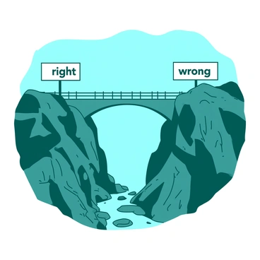 A bridge over a chasm, with signs of ‘right’ and ‘wrong’ at either end