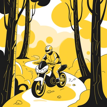 A moto-bike is traveling along a winding path through a dense forest. The trees are tall and closely packed, their trunks covered in textured bark. A layer of mist hangs low, partially obscuring the ground and creating a mysterious atmosphere. The bike, sleek and modern, has shiny black and yellow detailing. As it navigates the twists of the path, the scene captures the motion of the bike, with leaves and small branches slightly disturbed in its wake. Shafts of light filter through the branches above, illuminating patches of the ground.