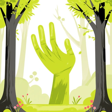 A hand made entirely of twisted tree branches and vibrant green leaves is positioned in the foreground. The hand is reaching out as if inviting the viewer to explore. Surrounding the hand, there are tall, majestic trees with thick trunks and a dense canopy, allowing dappled sunlight to filter through. The forest floor is covered in a soft layer of moss and scattered fallen leaves. Small colorful flowers peek through the underbrush, adding pops of color to the scene. In the background, a gentle mist weaves through the trees, enhancing the enchanted atmosphere of the forest.