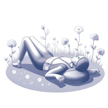 A person lying on their back in a field filled with various blooming flowers. The backpacker has a backpack resting beside them. Their arms are stretched out, and they have a relaxed expression. Surrounding them are different types of flowers with distinct shapes and sizes. Above them, the sky is clear, devoid of clouds. The sunlight gently illuminates the scene, casting soft shadows from the flowers onto the ground.