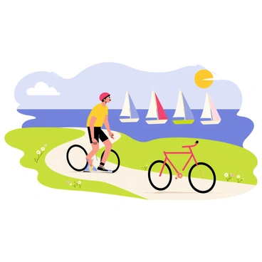 A cyclist wearing a bright red helmet is riding along a winding seaside path. The cyclist has a focused expression while glancing at several colorful sailboats in the distance on the calm blue water. The path is lined with green grass and small wildflowers, with the sun shining brightly overhead. In the background, the horizon features a clear sky with a few fluffy white clouds. The sailboats are various shades of white and blue, with their sails billowing gently in the breeze.