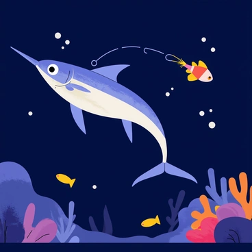 A marlin with a sleek, elongated body and sharp bill glides through the dark blue waters of the deep sea. The marlin's skin shimmers with hints of silver and blue, reflecting the faint light around it. It swims cautiously, its large eyes focused on a glowing anglerfish nearby. The anglerfish, with its bulbous body and wide mouth, emits a bright bioluminescent glow from its lure, illuminating the surrounding water. Various small fish scatter in the background, while colorful coral formations and shadows of underwater rocks create depth in the scene. Bubbles escape from the marlin’s gills as it moves gracefully towards the source of light.