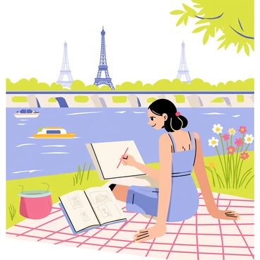 Marie is sitting on a checkered picnic blanket by the Seine River in Paris. She has medium-length brown hair tied back and is wearing a light blue dress. In front of her, there is an open sketchbook filled with pencil drawings. She is focused on sketching the Eiffel Tower, which stands tall in the background. The scene captures the soft ripples of the river water, with a few boats gently gliding by. Flowers are blooming along the riverbank, adding splashes of color to the composition. A warm sunlight bathes the entire scene, enhancing the lively atmosphere.