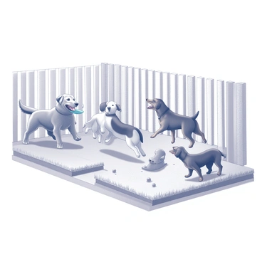 A group of dogs playing happily together in a vibrant daycare yard