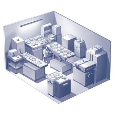 A large factory interior filled with various machines and equipment for processing tinned fish. Assembly lines are visible, with workers in uniforms carefully placing fish into tins. Conveyor belts transport the filled tins to another section for sealing. Shelves and storage areas are lined with boxes of finished products, ready for shipment. Industrial lighting illuminates the space, casting shadows across the busy scene. Various tools and utensils are scattered around the workstations, emphasizing the active environment.