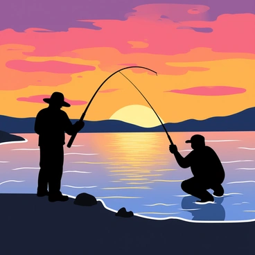 Two fishermen standing on the edge of a calm lake, both depicted in silhouette form. One fisherman is wearing a wide-brimmed hat and holding a fishing rod extended outwards, casting a line into the water. The other fisherman is crouched down near the water's edge, preparing a baited hook. The sky behind them is a vivid mix of orange, pink, and purple hues as the sun sets on the horizon. Reflections of the colorful sky shimmer on the surface of the water. The surrounding area features gentle waves and a few scattered rocks along the shoreline.