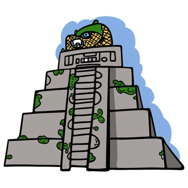 A colossal stone carving of a serpent head, part of a grand Aztec pyramid. The serpent head features intricate scales and fierce, sharp teeth. Green moss and vines grow along the stone, highlighting its age. The pyramid is made of large, step-like stones that rise behind the serpent head, with additional carvings of other ancient symbols visible on the pyramid's surface. Bright sunlight casts shadows, emphasizing the textures of the stone and creating a vivid contrast against the blue sky.