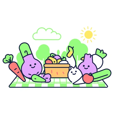 A group of fennel bulbs is enjoying a picnic on a green checkered blanket. The fennel bulbs have friendly, smiling faces and are sitting in a relaxed manner. Surrounding them are various vegetables, including a cheerful carrot with a green top, a happy tomato, and a playful cucumber. They are all positioned around a basket filled with colorful fruits and snacks. Above, the sky is clear with a few fluffy clouds, providing a bright and cheerful atmosphere for their picnic. In the background, a sunny scene with a few trees can be seen, completing the outdoor setting.
