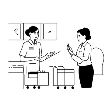 Two flight attendants, both wearing crisp uniforms with name tags, are engaged in a discussion near the galley of an airplane. One attendant is holding a clipboard and pointing at it while explaining a procedure. The other attendant, with her hair in a neat bun, is listening attentively and taking notes. The airplane interior is visible, featuring overhead storage and passenger seats in the background. A couple of beverage carts are positioned nearby, adding to the scene's context.