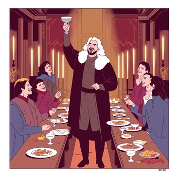 Jon Snow is standing in the center of a grand, candlelit hall, surrounded by several friends. He is raising his cup high in celebration, and his expression is one of joy and camaraderie. The hall is adorned with long wooden tables filled with various dishes and goblets. The friends around him are laughing and sharing in the moment, their faces illuminated by the warm glow of glowing candles that flicker above them. Rich tapestries hang on the walls, adding to the festive atmosphere.