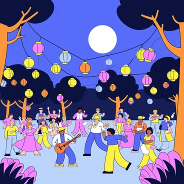 A vibrant night festival scene illuminated by numerous colorful lanterns hanging from trees and poles. The lanterns are in various shapes and sizes, casting warm light across the area. Groups of people are dancing joyfully, wearing traditional attire in bright colors. In the background, a large full moon shines brightly in the night sky, providing a soft glow to the festival. Musicians are playing instruments, enhancing the lively atmosphere with their music. The ground is covered with a mix of grass and colorful decorations.
