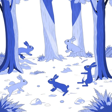 A group of rabbits is playfully hopping through the undergrowth of a forest. The rabbits are varying in size and posture, with some mid-leap and others landing softly on the forest floor. Surrounding them are dense clusters of green plants and small ferns, creating a rich texture. Scattered between the foliage are fallen twigs and small pebbles. The tall trees rise in the background, their trunks covered in rough bark. Shafts of light pierce through the leaves, illuminating the rabbits' fur and the forest floor.