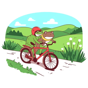 A green frog wearing a small red helmet is sitting at the front of a tandem bicycle. Behind it, a brown toad with a yellow scarf is pedaling enthusiastically. The bicycle is moving along a winding countryside path surrounded by tall green grass and scattered wildflowers. In the background, there are rolling hills under a clear blue sky. Both the frog and toad are smiling as they enjoy their ride together.
