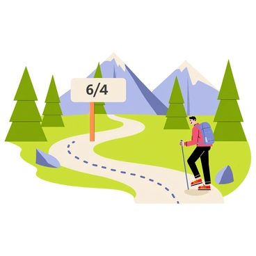 A winding mountain path surrounded by tall, green pine trees and rocky outcrops. In the center of the path, there is a large signpost with the text "6/4" written prominently on it. A hiker, wearing a red jacket and a blue backpack, is seen walking along the trail, with a determined expression on their face. The hiker is halfway through the journey, illustrated by footprints leading along the path. The background features a majestic mountain range capped with snow, adding depth to the scene.