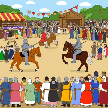 A lively medieval fair scene filled with people dressed in colorful period costumes. Several knights in shining armor are jousting on horseback, engaging in a spirited competition. Crowds of villagers and nobles gather around, some cheering and others conversing, creating a bustling atmosphere. There are artisan stalls displaying vibrant fabrics, handmade pottery, and various crafts, with vendors enthusiastically showcasing their wares. Bright banners and flags are hung overhead, fluttering in the breeze, adding to the festive feel of the fair. In the background, a wooden stage is set up for performers entertaining the audience with music and dance.