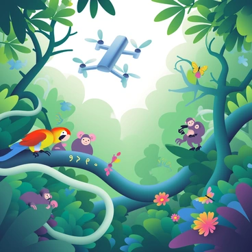 A drone is soaring high above a lush jungle canopy, capturing the vibrant greenery below. The jungle is dense with various shades of green, showcasing tall trees with broad leaves and intertwining vines. Below the drone, glimpses of exotic animals are visible; a colorful parrot with bright red and yellow feathers is perched on a branch, while a sleek green snake winds its way through the foliage. A small herd of curious monkeys can be seen playing among the branches, and a brightly patterned butterfly flutters nearby. Sunlight filters through the leaves, casting dappled shadows on the forest floor.