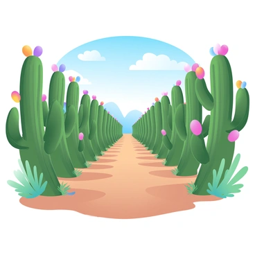A grove filled with rows of dragon fruit cacti, their vibrant green stems rising against the backdrop of a clear blue sky. The cacti are adorned with large, colorful dragon fruit at their peaks, creating a striking contrast against the greenery. Bright sunlight casts soft shadows on the ground, highlighting the texture of the soil and the surrounding landscape. Lush, low vegetation can be seen in the spaces between the rows of cacti, adding depth to the scene. The overall atmosphere is one of warmth and abundance in nature.