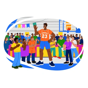 A famous basketball player wearing a team jersey and basketball shoes is standing on the sidelines of a local game. The player is smiling and waving to excited fans in the crowd. A few young fans are holding up posters and wearing jerseys, eagerly trying to get the player's attention. The gym is filled with colorful banners and the sound of cheering spectators can be seen in the background. The player is surrounded by a group of children asking for autographs. The atmosphere is vibrant and energetic, capturing the moment of celebration and community involvement.