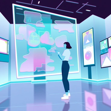 A person with medium skin tone and short hair is standing in a high-tech gallery. They are reaching out to interact with a large holographic art installation that displays vibrant colors and fluid shapes. The installation emits soft glows and animated patterns, reflecting off the sleek, futuristic walls of the gallery. Various digital screens and displays surround them, showcasing additional digital artworks. The gallery has a polished floor that mirrors the light from the holographic display, enhancing the high-tech atmosphere.
