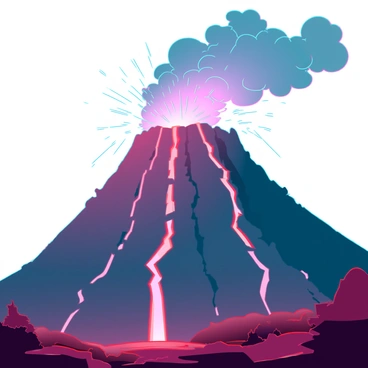 A large volcano with a jagged, rocky summit is erupting vigorously. Bright orange and red lava is flowing down its steep, dark gray sides, creating a glowing river of molten rock. Thick clouds of ash and smoke are billowing into the sky, obscuring the sun and casting a dark shadow over the surrounding landscape. Sparks and embers rise from the crater, illuminating the scene with an eerie glow. In the foreground, dry, cracked earth and sparse vegetation add to the dramatic atmosphere of the volcanic eruption.