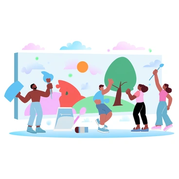 A group of children of diverse backgrounds is collaborating on a large mural. Each child is focused on painting a different section of the mural, showcasing vibrant colors and unique designs. One child is applying bright blue paint with a wide brush, while another is using rich red and orange hues to create a sun. A third child is carefully adding green leaves to a tree. The mural spans across a wall, and various paint splatters and brushes are scattered around them. The scene is lively, filled with the energy of creativity and teamwork.