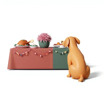 A dog, a golden retriever with a shiny coat, is sitting on its haunches, looking eagerly at a beautifully arranged table. The table is covered with a red and green festive tablecloth, adorned with twinkling fairy lights. On the table, there are various dishes including a large roasted turkey, garnished with herbs and surrounded by colorful sides such as mashed potatoes, green beans, and cranberry sauce. In the center, there is a beautiful Christmas centerpiece featuring a bouquet of poinsettias. The dog’s ears are perked up, and its tail is wagging, reflecting its excitement as it watches the feast.