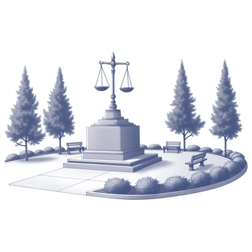 A monument featuring "the scales of justice" prominently displayed in the center of a public park. The monument is crafted from stone, with intricate details showcasing the balance and symmetry of the scales. Surrounding the monument, there are well-manicured lawns and neatly arranged flower beds, creating a serene atmosphere. A paved pathway leads visitors to the monument, inviting them to reflect on its significance. In the background, there are tall trees providing shade, and benches are placed nearby for people to sit and contemplate.