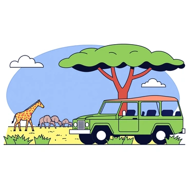 A safari jeep with a green exterior is parked underneath a large acacia tree with a broad, flat canopy. The jeep has open sides and a canvas roof, allowing for a clear view of the surroundings. In the distance, a group of wildebeests is grazing on the grass, while a pair of giraffes can be seen reaching for leaves on a nearby tree. The sky above is bright blue, dotted with a few fluffy white clouds. The landscape is filled with tall grasses and patches of sparse bushes.