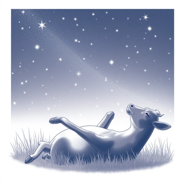 A cow lying on its back in a field, with its legs in the air. The cow has a calm expression while gazing upward. Surrounding the cow, there is tall grass that sways gently in the night breeze. The sky above is filled with numerous stars, creating a stunning display of constellations. The scene is illuminated by the soft glow of the stars, casting gentle shadows on the cow and the grass.