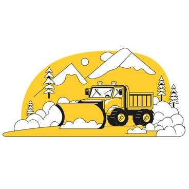A snowplow truck with a large blade in front is actively clearing a path on a snowy mountain road. The truck has heavy-duty, rugged tires and a sturdy body. Snow is being pushed aside, creating a mound on each side of the road. In the background, tall snowy mountains rise against the sky, and a few pine trees are partially covered in snow. The scene depicts a winter environment, emphasizing the cold and the accumulation of snow around the truck's path.