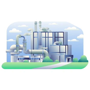 A natural gas processing plant is depicted with a series of large, industrial heat exchangers mounted on the exterior. The plant structure is made of steel, featuring multiple interconnected sections and large, rectangular windows. The heat exchangers, cylindrical and metallic, are arranged in rows along one side of the building. Pipes and valves are visible, transporting gas to and from the exchangers. In the background, a clear blue sky is present, and a few fluffy white clouds are scattered. A paved path leads to the entrance of the plant, lined with green grass and small shrubs on either side.