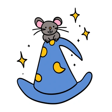 A tiny gray mouse with big ears and a mischievous grin is perched atop a large, pointy wizard's hat. The hat is deep blue adorned with golden stars and moons. The mouse's whiskers twitch as it gazes playfully around, and its tiny paws are resting on the brim of the hat. The background features a faint sparkle, adding to the magical atmosphere of the scene.