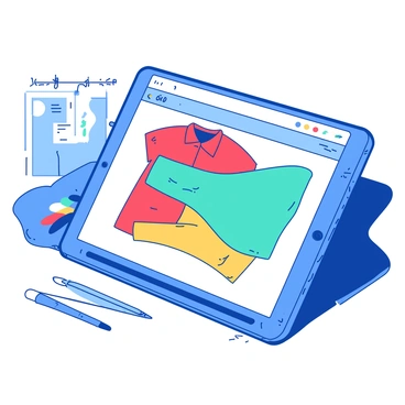 A blue digital illustration app interface is displayed prominently on a white tablet screen. The screen shows multiple layers of clothing designs, including a red shirt, a teal dress, and a yellow pair of pants, each labeled and clearly separated. The design elements are color-coded and arranged in a stack, with the editing tools visible on the side, including a brush, eraser, and color palette. The background is a subtle, blurred workspace that suggests a creative environment.