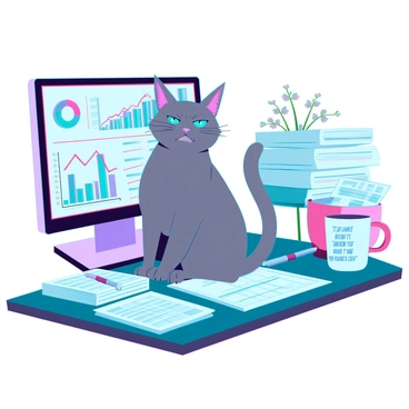 A grumpy cat with gray fur and bright green eyes is sitting atop a cluttered office desk. The desk is covered in stacks of paperwork, scattered pens, and a small potted plant. The cat has its ears slightly tilted back and an annoyed expression, as if disturbed from a nap. The background features a computer monitor displaying various charts and graphs, adding to the busy atmosphere of the office. There is a coffee mug with a funny saying next to the cat, enhancing the scene with a touch of humor.
