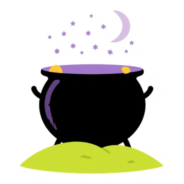 A large black cauldron sits on top of a grassy hill. The cauldron has a shiny surface that reflects the "starry night sky" above it. Bright stars twinkle in the sky, and a crescent moon is visible, casting a soft glow. The hill is gently sloped, with patches of green grass around the cauldron. The scene is tranquil, with no other objects or figures present.