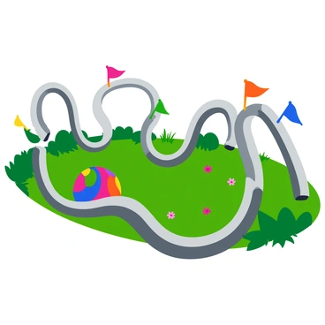 A colorful marble featuring swirls of red, blue, green, and yellow rolls down an intricate track. The track is made of shiny metal and includes multiple loops and sharp turns, creating a dynamic path. The loops are tall and circular, while the turns are sharply angled, adding excitement to the scene. Brightly colored flags are positioned along the edges of the track, fluttering in the air. The background includes a vibrant landscape with lush grass and scattered flowers, enhancing the lively atmosphere.