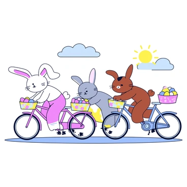 A team of bunnies racing on bicycles. Each bunny has a unique fur color, with one having white fur and pink ears, another with gray fur and floppy ears, and a brown bunny with a spotted coat. The bicycles are decorated with Easter themes, featuring pastel colors and floral patterns. Each bicycle has a colorful basket attached to the front, filled with brightly colored Easter eggs. The bunnies are leaning forward as they pedal, showing determination on their faces, while the background depicts a sunny day with a few fluffy clouds.
