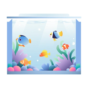 A large aquarium tank is filled with clear water, showcasing a variety of exotic fish swimming gracefully. The fish include a vibrant blue tang, a bright orange clownfish, and a shimmering yellow tang, each exhibiting distinct colors and patterns. Surrounding them are colorful corals, featuring shades of purple, pink, and orange, providing a natural habitat. Soft light filters through the surface of the water, creating gentle ripples and casting mesmerizing reflections on the tank walls. Small bubbles rise from the substrate, contributing to the lively underwater scene.