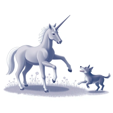 A centaur with the upper body of a human and the lower body of a horse stands in a sunny field. The centaur is crouched down, holding a stick in one hand, while the other hand is extended towards a small dog. The dog, with a wagging tail and a playful expression, is poised to run. In the background, the field is filled with tall grass and scattered wildflowers. The sunlight casts shadows on the ground, highlighting the joyful interaction between the centaur and the dog.