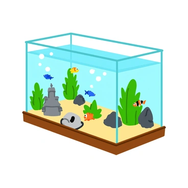 A classic glass aquarium with a rectangular shape, featuring clear sides and a wooden frame. Inside the aquarium, colorful tropical fish swim among vibrant green aquatic plants. The fish include a bright yellow angelfish, a blue guppy, and a striped clownfish. Bubbles rise from a small air pump located at the bottom, creating a lively underwater atmosphere. The background shows a sandy substrate with decorative rocks and a small castle ornament. Soft light filters through the glass, illuminating the scene and enhancing the colors of the fish and plants.