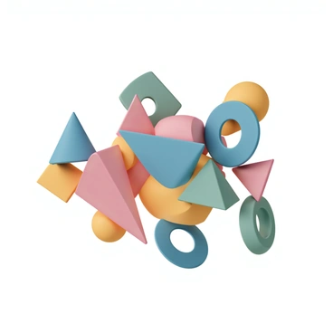 A collection of various geometric shapes, including triangles, circles, and squares, overlapping and interspersed with each other. The shapes are filled with bold colors like red, blue, yellow, and green. Each shape has distinct outlines, creating a sense of depth and dimension. The arrangement is dynamic, with some shapes larger and others smaller, creating a visually striking composition. The background is a solid color that contrasts with the vibrant shapes, enhancing their brightness and visual impact.