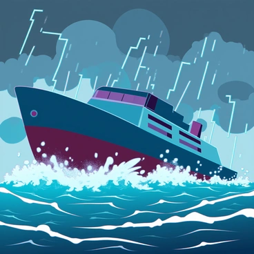 A large ship with a sturdy hull is navigating through massive, tumultuous waves in a stormy sea. The ship is tilted at an angle as it battles against the relentless forces of nature, with water crashing over its bow. Dark clouds fill the sky, swirling ominously, and flashes of lightning illuminate the scene. Rain pours down heavily, creating splashes as it hits the turbulent surface of the ocean. The atmosphere is tense and dramatic, capturing the struggle of the ship against the ferocity of the storm.