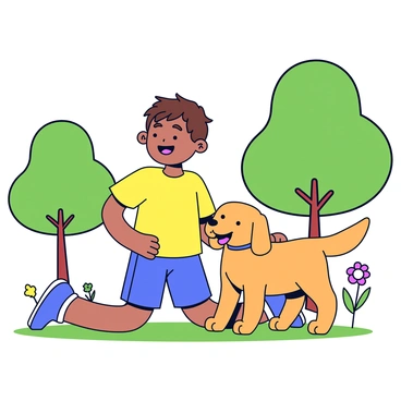 A child with short brown hair is smiling widely while kneeling on the grass. The child is wearing a bright yellow t-shirt and blue shorts. In front of the child is a friendly golden retriever dog, wagging its tail happily. The dog has a shiny coat and big, friendly eyes. Surrounding them are green trees and a few colorful flowers, adding vibrant touches to the park setting.