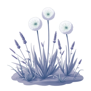 A garden filled with clusters of "allium" flowers, showcasing their round, globe-like heads atop tall stems. Interspersed among them are "lavender" plants, characterized by their slender spikes and aromatic foliage. The flowers sway gently in a light breeze, creating a lively interaction between the two species. The overall composition highlights the varying heights and shapes of the blooms, while the earth beneath is rich and textured, providing a natural foundation for the plants. The garden embodies a sense of lushness and vitality.