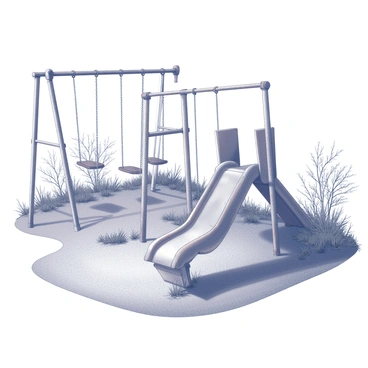 An abandoned playground filled with dilapidated equipment. Rusted swings hang from corroded metal frames, swaying slightly in the breeze. A faded slide, chipped and weathered, lies partially buried in overgrown grass and wild vegetation. Nearby, weeds and small plants grow through the cracks of the concrete ground. The surrounding trees and bushes encroach upon the playground, their branches and leaves adding to the sense of nature reclaiming the space. The overall scene is quiet and still, evoking a feeling of neglect and the passage of time.