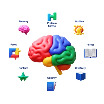 Illustration of a brain with labels promoting mental fitness exercises